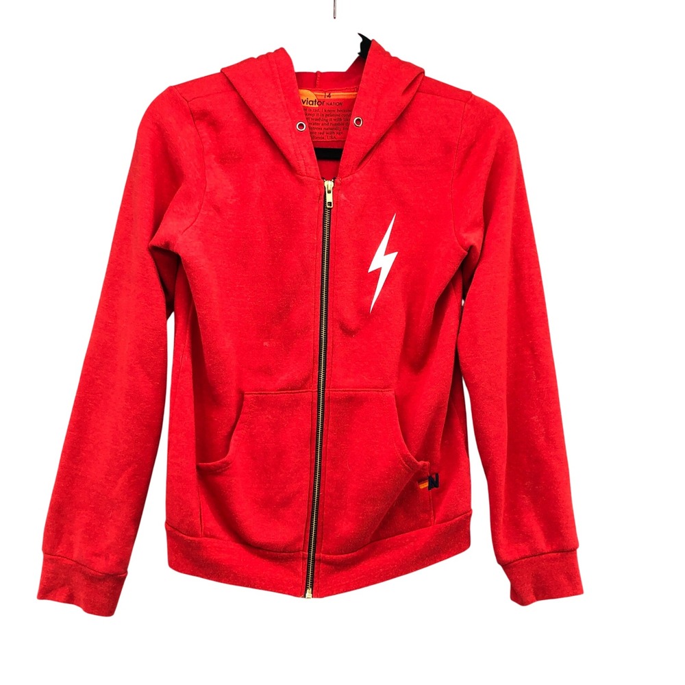 Aviator Nation Zip Up Hoodie Kids 14 Red Lightning Bolt Graphic USA Made